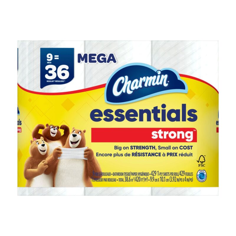 Charmin Essentials Strong Toilet Paper, 9 Mega Rolls