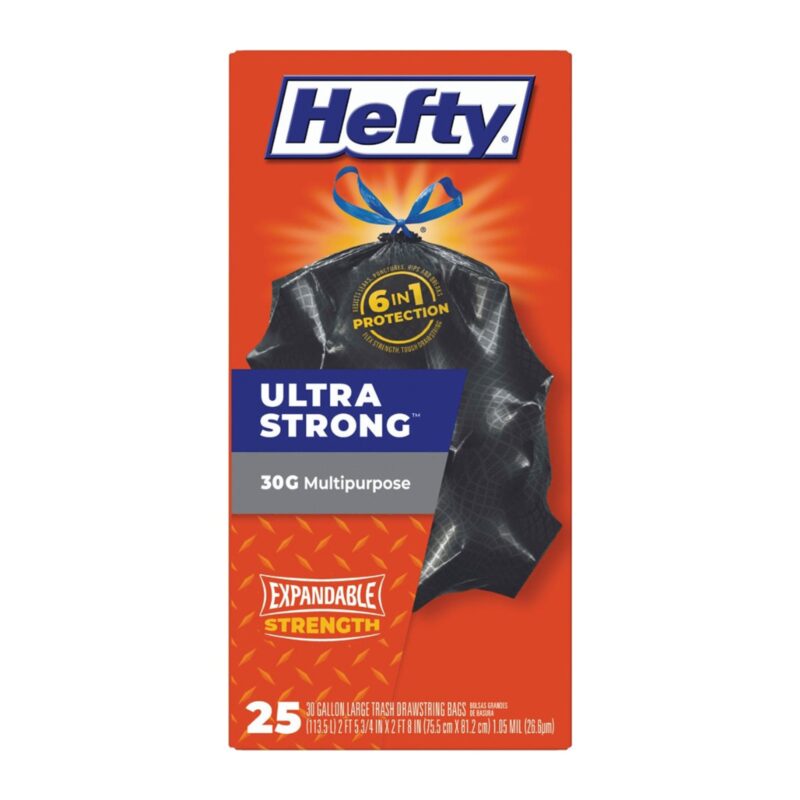 Hefty Ultra Strong Multipurpose Large Trash Bags, Black, Unscented, 30 Gallon, 25 Count