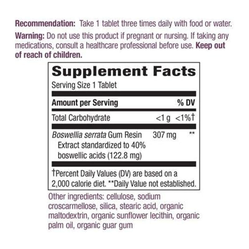 Nature's Way Standardized Boswellia, 40% Boswellic Acids per Serving, TRU-ID Certified, Vegetarian, 60 Tablets - Image 2