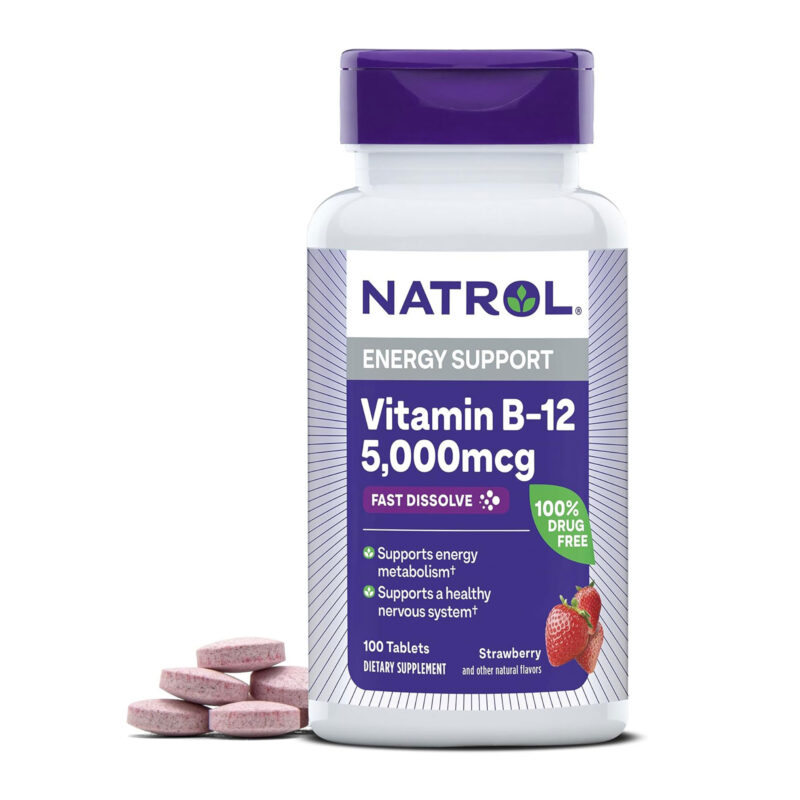 Natrol Vitamin B-12, Maximum Strength, 5000 mcg, Fast Dissolve Tablets, Strawberry Flavor, Value Size, 100 tablets