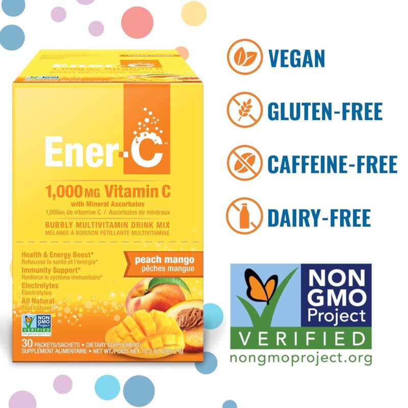 Ener-C Peach Mango Multivitamin Drink Mix Powder Vitamin C 1000mg & Electrolytes with Real Fruit Juice Natural Energy & Immune Support for Women & Men, Non-GMO Vegan & Gluten Free, 30 Count - Image 3