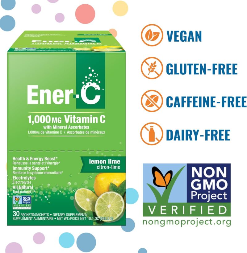 Ener-C Lemon Lime Multivitamin Drink Mix Powder Vitamin C 1000mg & Electrolytes with Real Fruit Juice Natural Energy & Immune Support for Women & Men, Non-GMO Vegan & Gluten Free, 30 Count - Image 3