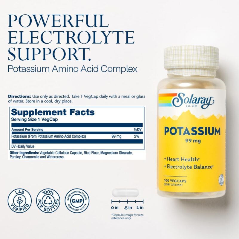 Solaray Potassium Dietary Supplement, 99 mg, 100 VegCaps - Image 2