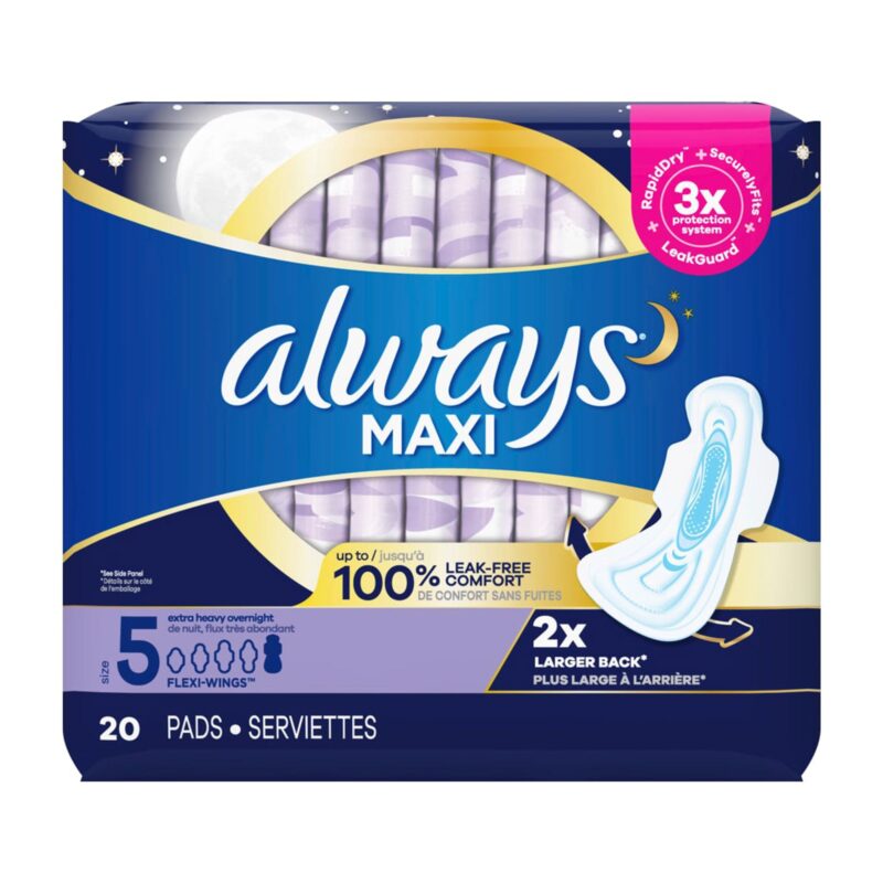 Always Maxi Pads Size 5 Extra Heavy Overnight Absorbency Unscented with Wings, 20 Count, 20.0 ct - Image 5