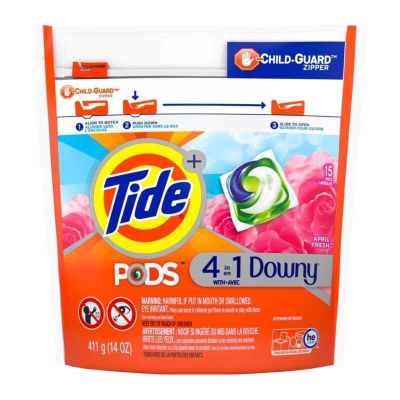 Tide + Detergent, April Fresh, 4 in 1 with Downy, Pacs, 15 pacs [411 g (14 oz)]