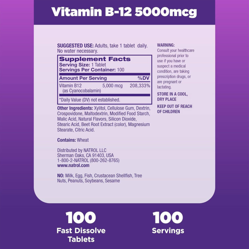 Natrol Vitamin B-12, Maximum Strength, 5000 mcg, Fast Dissolve Tablets, Strawberry Flavor, Value Size, 100 tablets - Image 5