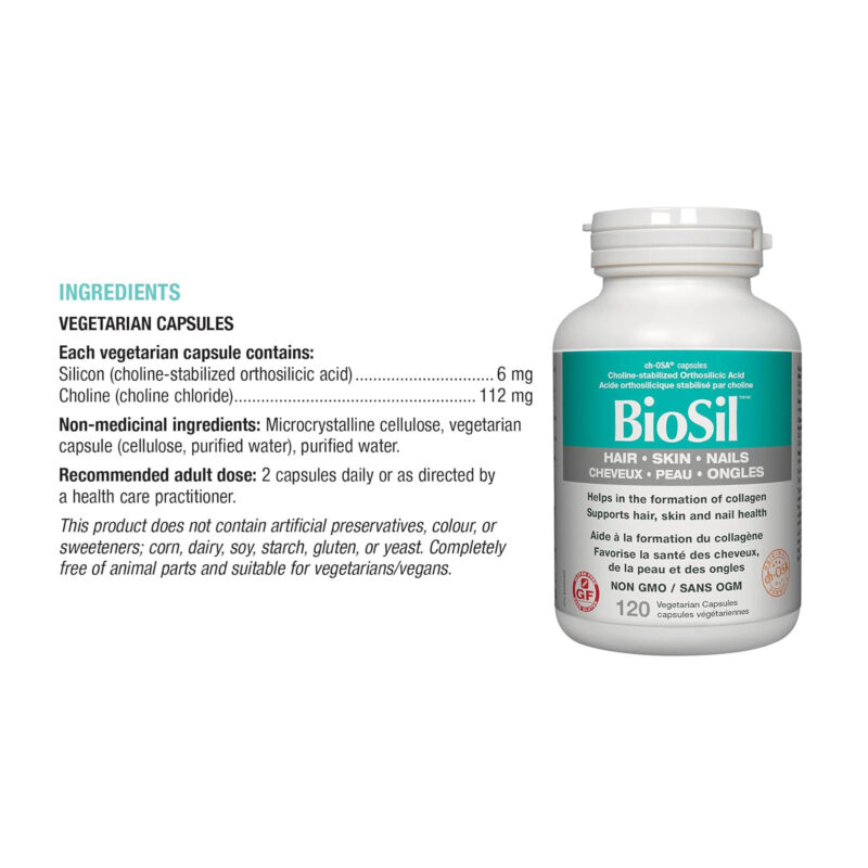 BioSil by Natural Factors, Hair, Skin, Nails, Supports Healthy Growth and Strength, Vegan Collagen, Elastin and Keratin Generator, 120 Capsules - Image 2