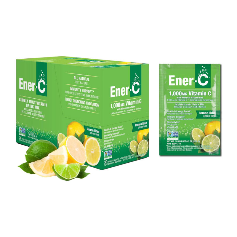 Ener-C Lemon Lime Multivitamin Drink Mix Powder Vitamin C 1000mg & Electrolytes with Real Fruit Juice Natural Energy & Immune Support for Women & Men, Non-GMO Vegan & Gluten Free, 30 Count