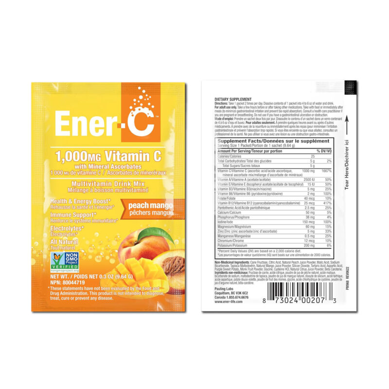 Ener-C Peach Mango Multivitamin Drink Mix Powder Vitamin C 1000mg & Electrolytes with Real Fruit Juice Natural Energy & Immune Support for Women & Men, Non-GMO Vegan & Gluten Free, 30 Count - Image 2