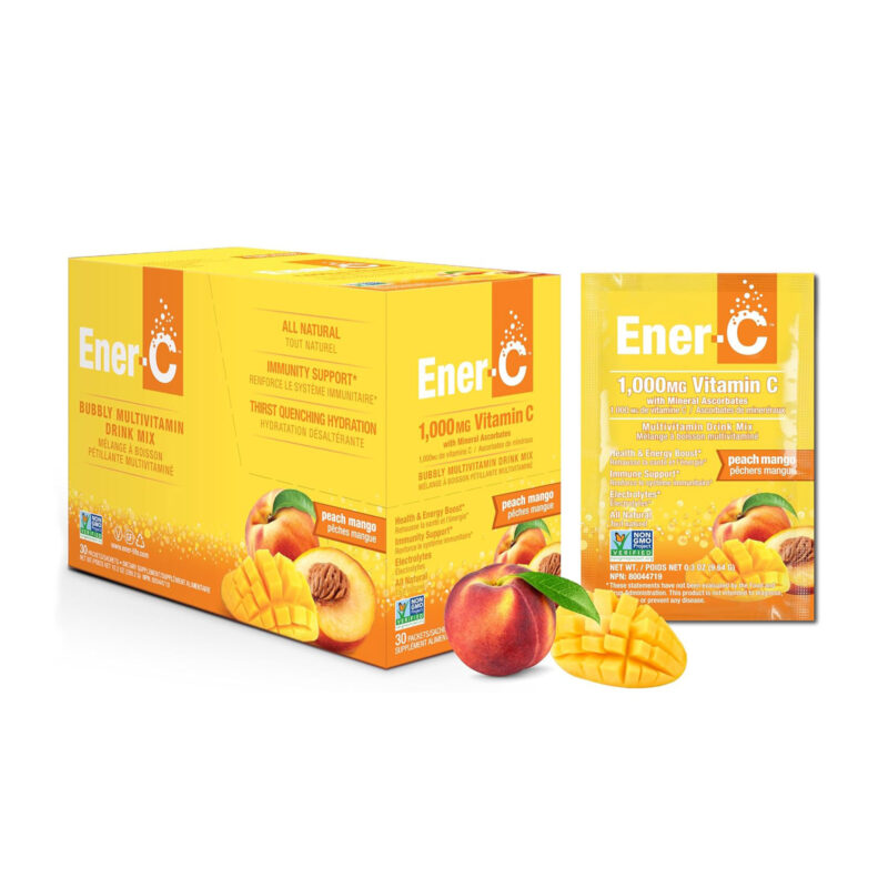 Ener-C Peach Mango Multivitamin Drink Mix Powder Vitamin C 1000mg & Electrolytes with Real Fruit Juice Natural Energy & Immune Support for Women & Men, Non-GMO Vegan & Gluten Free, 30 Count